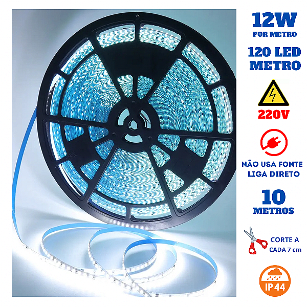Fita 120 LED's 220V 10 Metros IP44 3528 12W 6500K Liga Direto