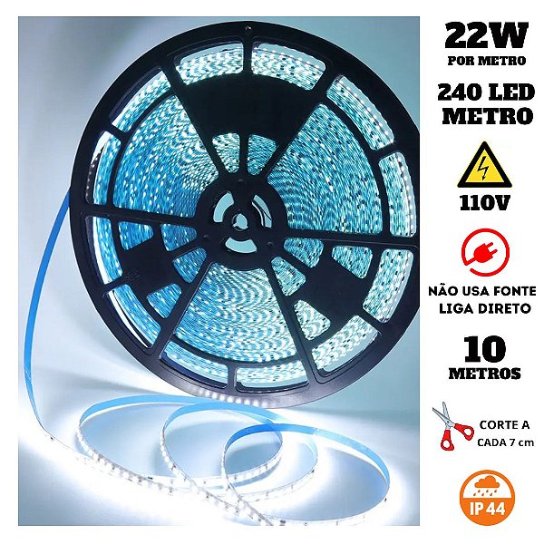 Fita 240 LED's 110V 10 Metros IP44 3528 22W 6500K Liga Direto