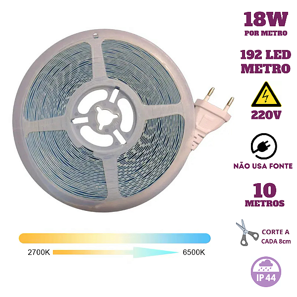 Fita 192 LED's 220V 10 Metros IP44 3528 18W CCT Multicor Liga Direto