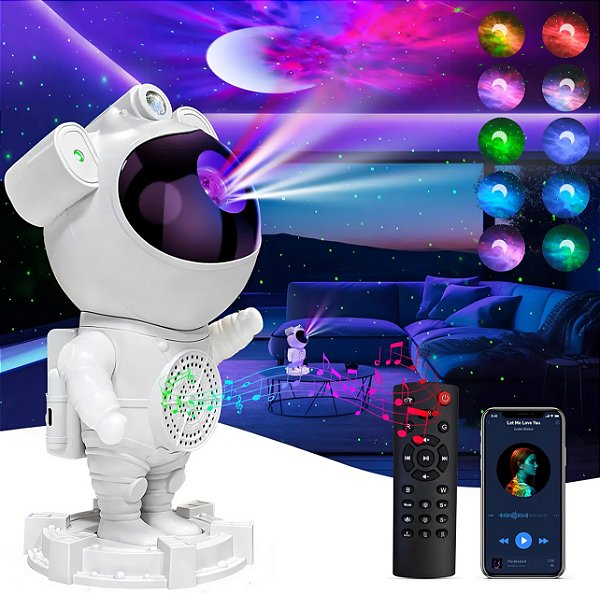 Luminária Astronauta LED Projetor de Luz Galaxia Estrelas Bluetooth USB