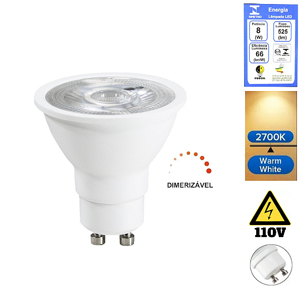 Lâmpada LED 8W MR16 Dimerizavel GU10 2700K Branco Quente 127V