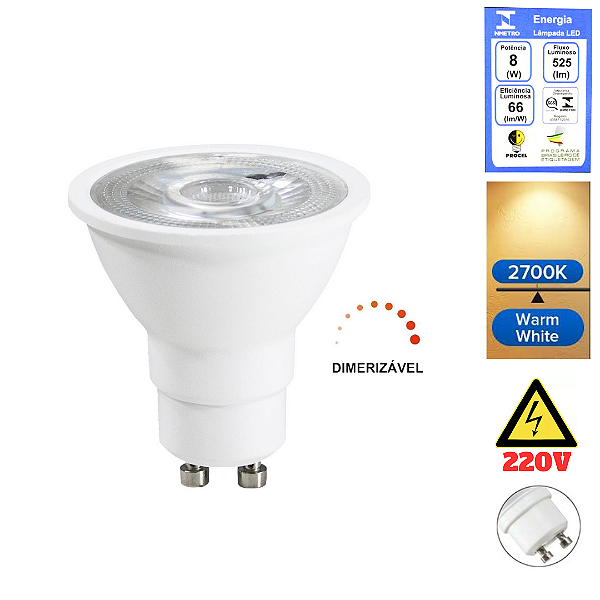 Lâmpada LED 8W MR16 Dimerizavel GU10 2700K Branco Quente 220V