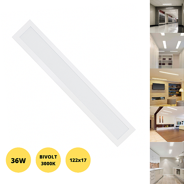 Painel 36W LED 122x17 Embutir Slim Retangular Branco Quente 3000K Bivolt