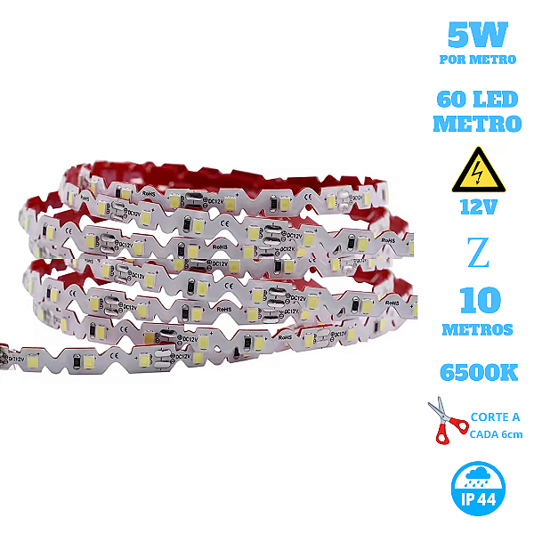 Fita LED 5W Curva S Zig Zag 3528 10 Metros 12V IP44 Branco Frio 6500K