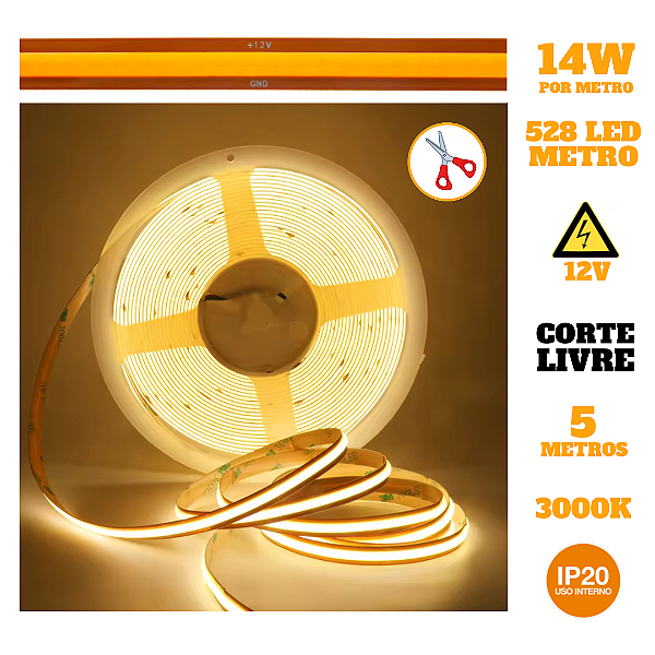 Fita LED COB Corte Livre 14W 528 LED’s 12V IP20 5 Metros Quente 3000K