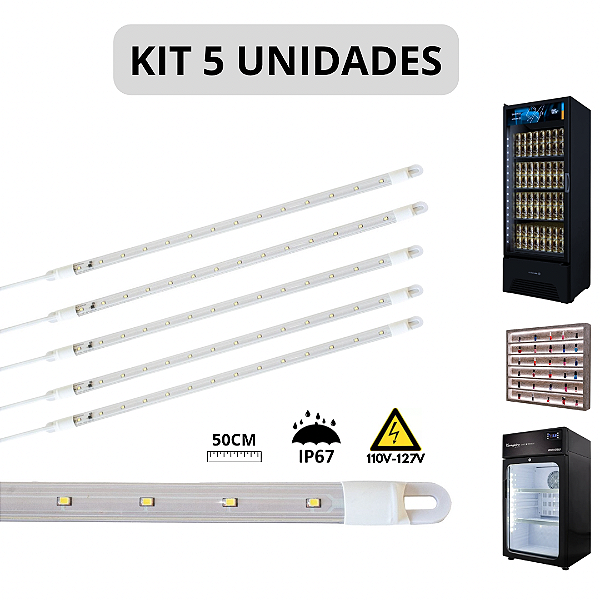 KIT 5 Barra LED 10W 50cm Geladeira Expositora Freezer 110V IP67 6500K
