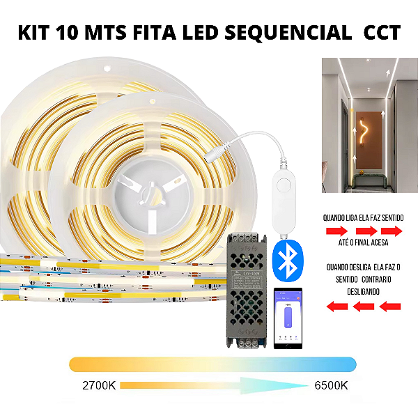 KIT Fita LED COB Sequencial 576 LED’s 24V 10 Metros CCT Multicor + Fonte