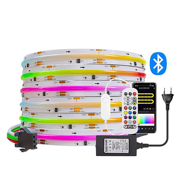 KIT Fita LED COB Digital RGBIC 2811 576 LED’s Bluetooth 12V 5 Metros + Fonte