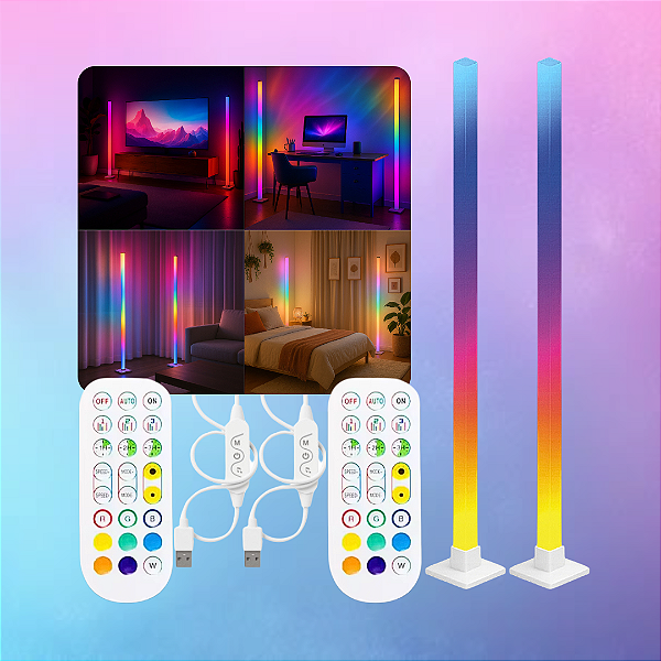 KIT 2 Luminária de Chão RGBIC 150cm Torre Gamer Digital 3D Rítmica USB 5V