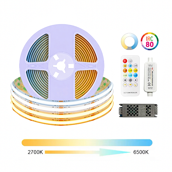 KIT Fita LED COB Multicor CCT 24W 480 LED’s 24V IP20 IRC80 10 Metros + Fonte