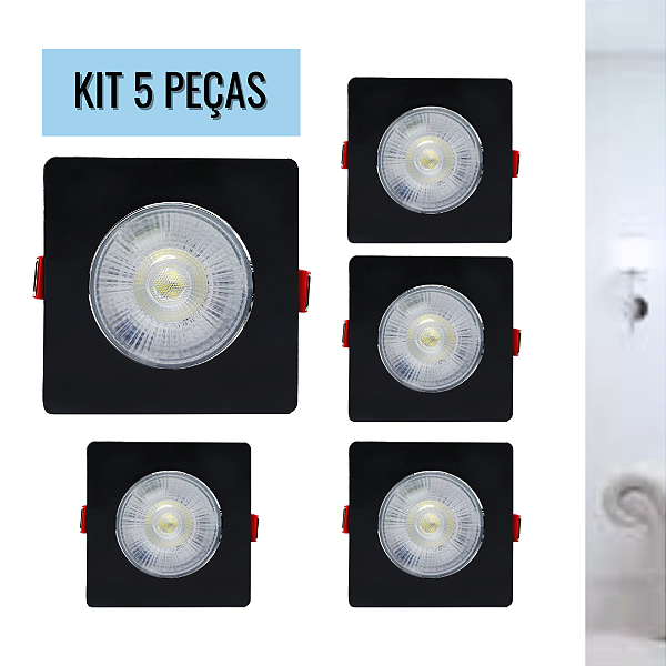 KIT 5 Spot 7W LED COB SMD Preto Quadrado Branco Frio 6500K Bivolt