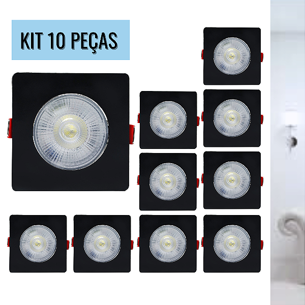 KIT 10 Spot 7W LED COB SMD Preto Quadrado Branco Frio 6500K Bivolt