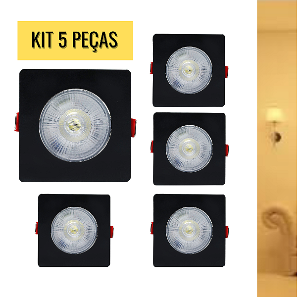 KIT 5 Spot 7W LED COB SMD Preto Quadrado Branco Quente 3000K Bivolt