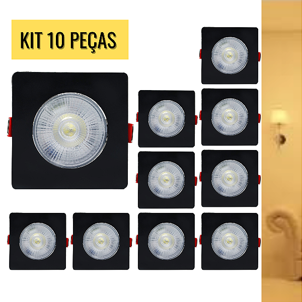 KIT 10 Spot 7W LED COB SMD Preto Quadrado Branco Quente 3000K Bivolt