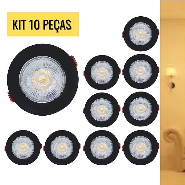KIT 10 Spot 7W LED COB SMD Preto Redondo Branco Quente 3000K Bivolt