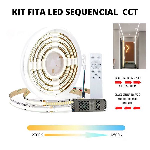 KIT Fita LED COB Sequencial 576 LED’s 12V 5 Metros CCT Multicor + Fonte