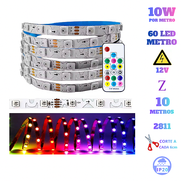 Fita LED Curva S Zig Zag 10W 2811 RGB Digital 10 Metros 12V IP20 Ctrl
