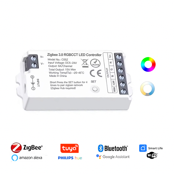 Central Controladora Zigbee 3.0 RGBWC Fita LED Wi-Fi Tuya 12-24V