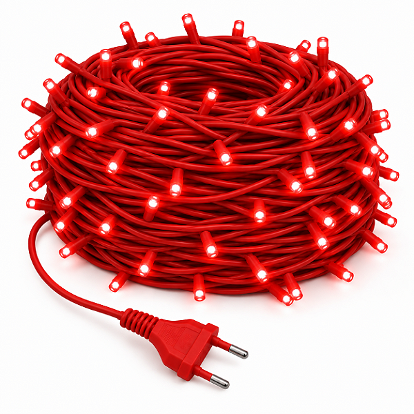 KIT 60 Metros Pisca LED Natal Fixo Vermelho IP44 Fio Vermellho 220V