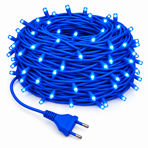 KIT 60 Metros Pisca LED Natal Fixo Azul IP44 Fio Azul 220V