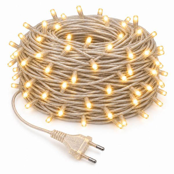 KIT 60 Metros Pisca LED Natal Fixo Branco Quente IP44 Transparente 220V