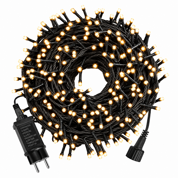 Cordão LED Natal Fixo 30 Metros Branco Quente IP44 Fio Preto Bivolt