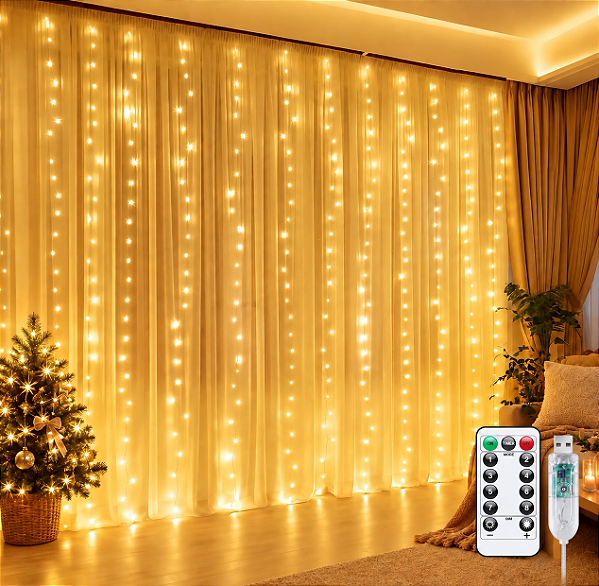 Cortina LED 3x3 Fio de Fada Branco Quente Controle USB