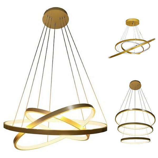 Lustre Pendente Moderno 3 Anéis LED 60W Dourado Branco Quente Bivolt 9001-3