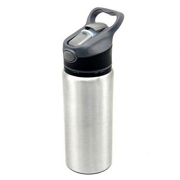 Squeeze de Alumínio Prateado para Sublimação com Tampa Preta e Cinza - 600ML