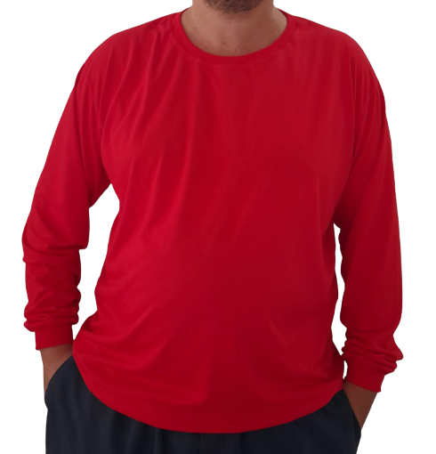Camiseta Masculina Manga Longa-Malha 100% Poliéster Fiado-Cor Vermelho