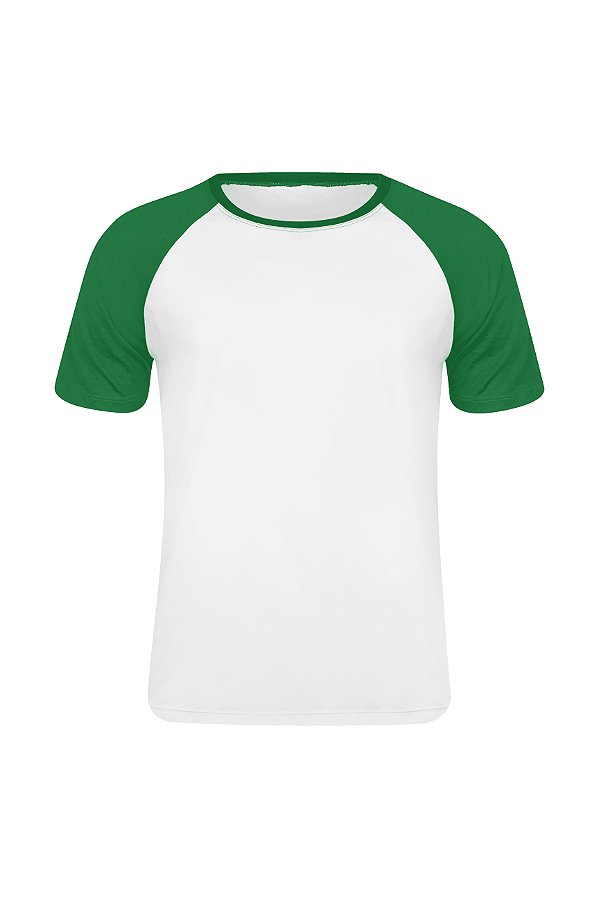 Camiseta Masculina Raglan Gola Careca-Malha 100% Poliéster Fiado-Cor Branco Com Mangas Verde Bandeira