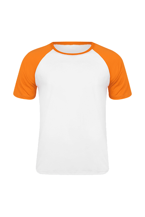Camiseta Masculina Raglan Gola Careca-Malha 100% Poliéster Fiado-Cor Branco Com Mangas Laranja