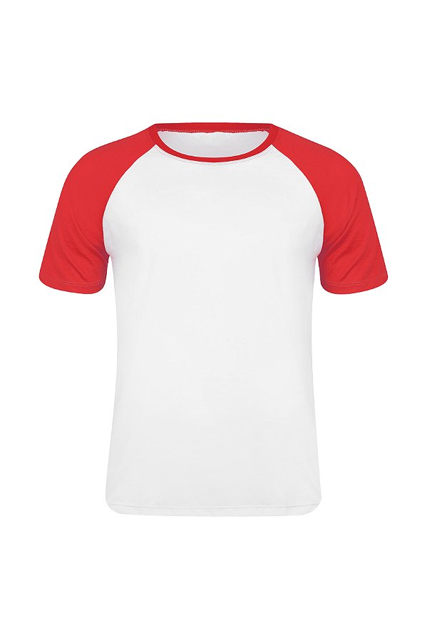 Camiseta Masculina Raglan Gola Careca-Malha 100% Poliéster Fiado-Cor Branco Com Mangas Vermelha