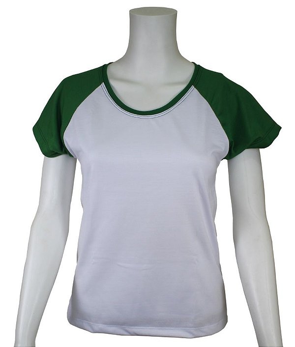 Baby Look Raglan Gola Careca-Malha 100% Poliéster Fiado-Cor Branco Com Mangas Verde Bandeira