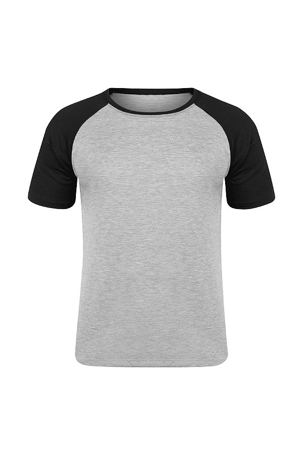 Camiseta Masculina Raglan Gola Careca-Malha 100% Poliéster Fiado-Cor Mescla Com Mangas Pretas