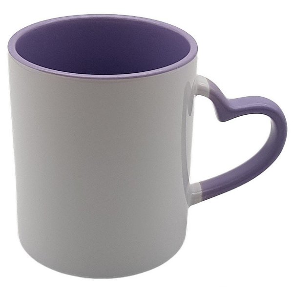 Caneca Alça Coração e Interior Lilás (Porcelana 325ml P/ Sublimação)