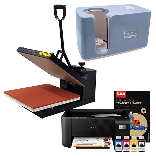 KIt prensa de caneca lIve easy azul + impressora Epson L3250 + prensa plana deko 38x38