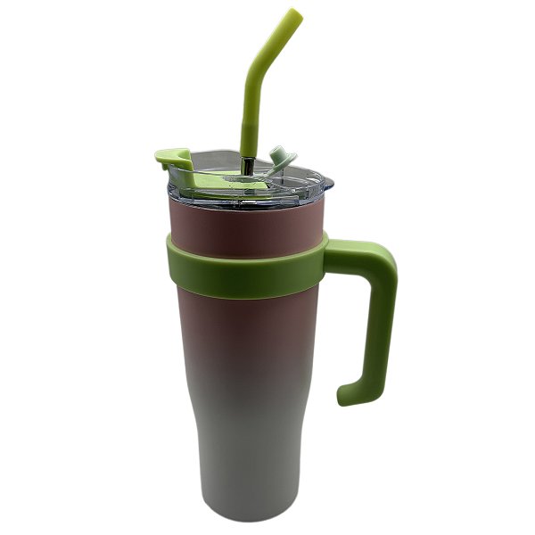 Copo térmico inox degradê rosa bebê com alça verde - 1200ml
