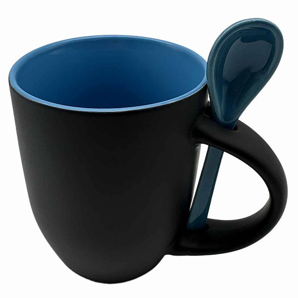 Caneca Mágica Preto Fosco C/ Colher Interior e Colher Azul Claro