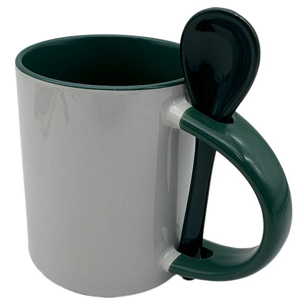 Caneca Importada com Colher Reta Alça e Interior Verde Escuro