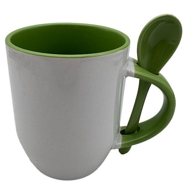 Caneca com Colher Alça e Interior Verde Claro - Importada