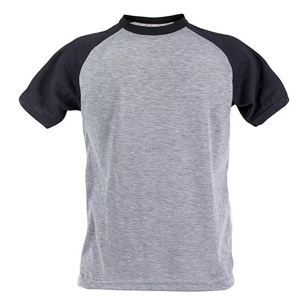 Camiseta Raglan Cinza Mescla - Manga e Gola Preta P ao XG (100% Poliéster)