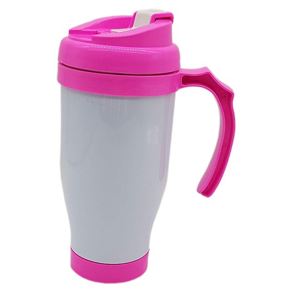 Caneca plástico polímero com tampa e alça rosa pink (P/ Sublimação)