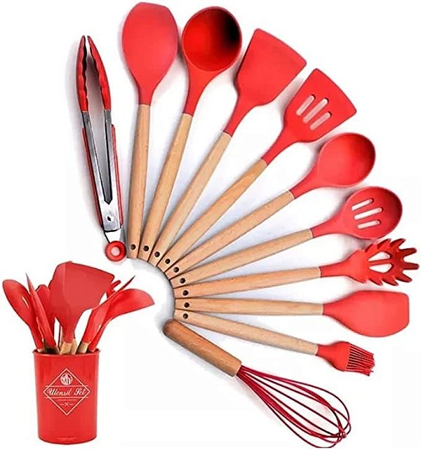 Kit C/12 Utensílios De Cozinha Silicone Cabo Madeira