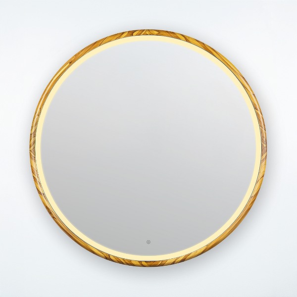 Espelho Redondo Galeão de Madeira Maciça Teca LED FRONTAL