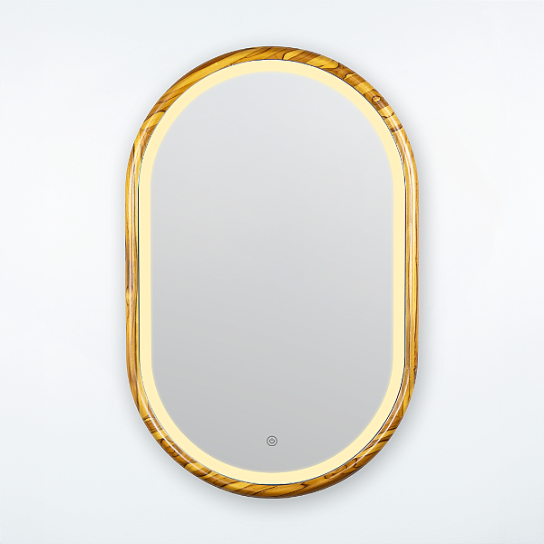 Espelho oval Galeão 80x50cm de Madeira Maciça Teca LED FRONTAL