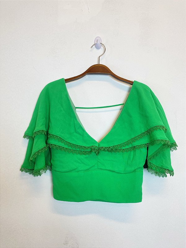 Blusa verde Cropped decote e babados (P)