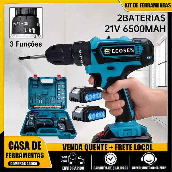 Furadeira Parafusadeira Impacto 3 em 1 21V 6500mAh com 2 Baterias, Kit Completo
