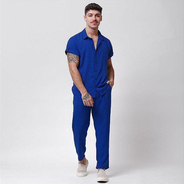 Conjunto Viscolinho Camisa e Calça Azul Royal