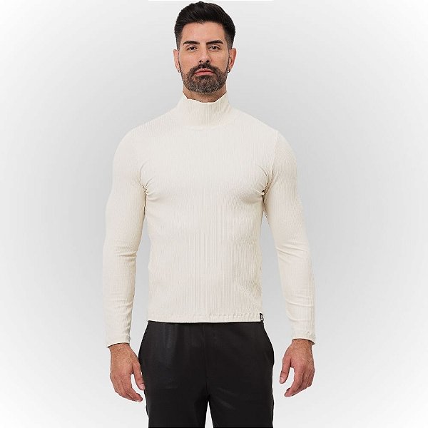 Blusa Canelada Gola Alta Manga Longa Offwhite